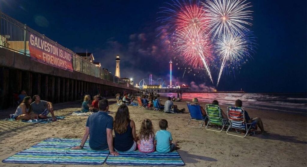 Family watching fireworks in the Galveston beach