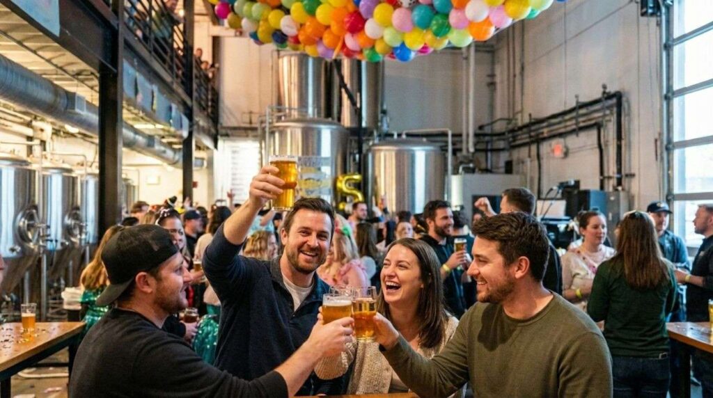 Friends toating at Galveston Island Brewing