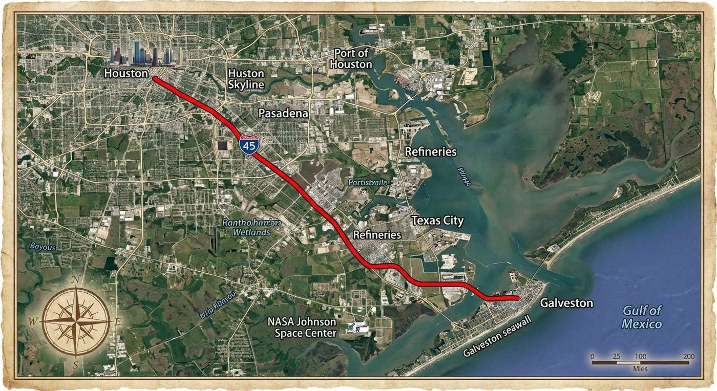 Map from Houston to Galveston