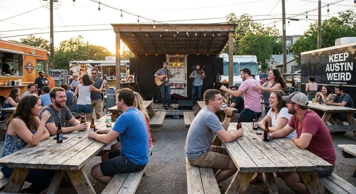 People enjoying live music and food trucks in Austin, TX
