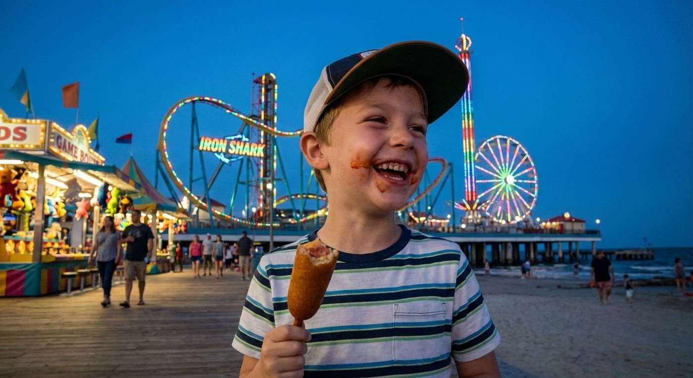 Child looking happy at Pleasure Pier in Galveston