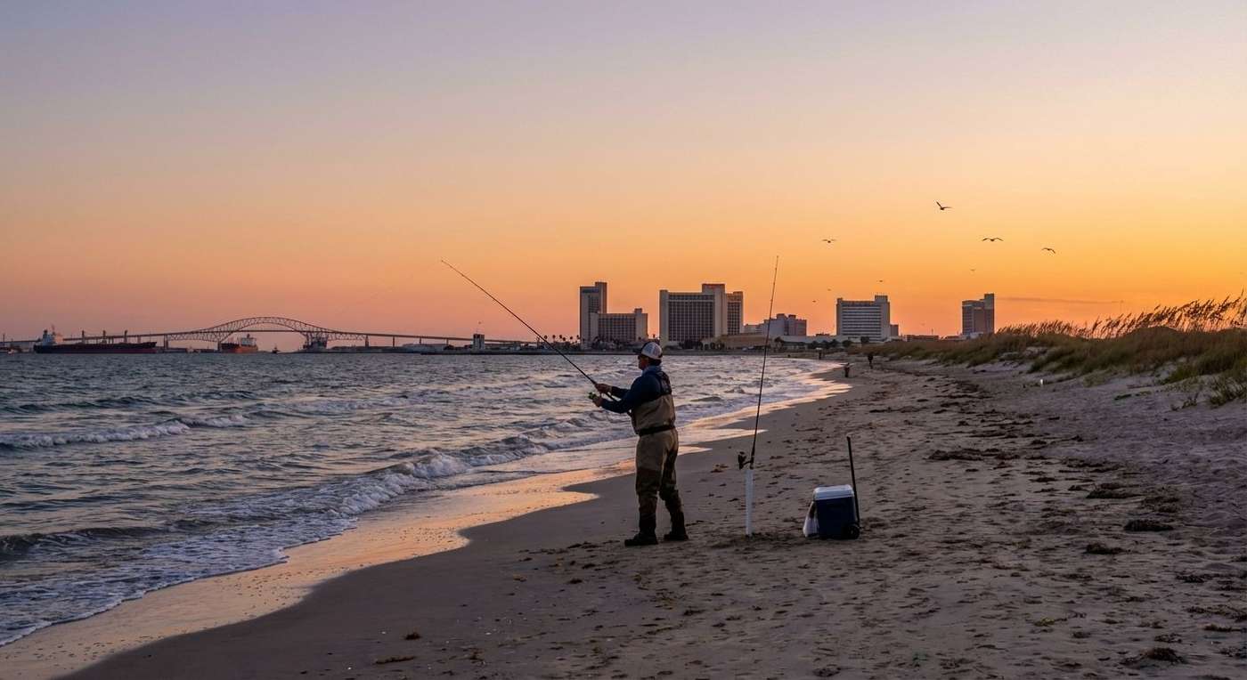 A man fishing near the shore at a beach in Corpus Christi
