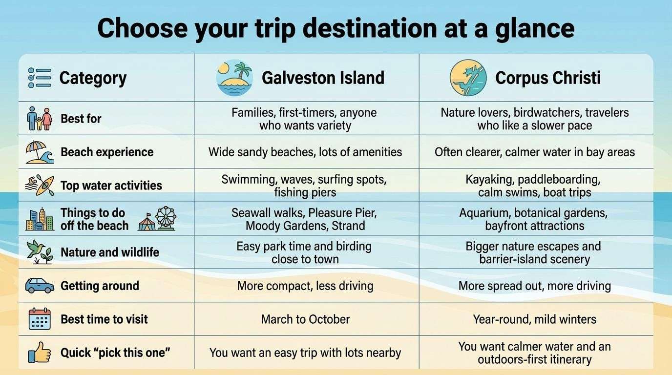 Choose Your Trip Destination at a Glance Table