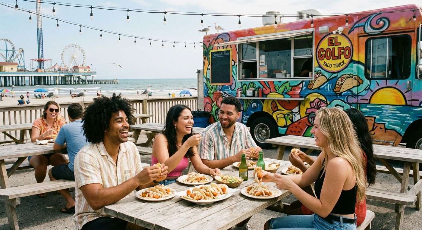 A group of friends eating shrimp tacos at a food truck in Galveston