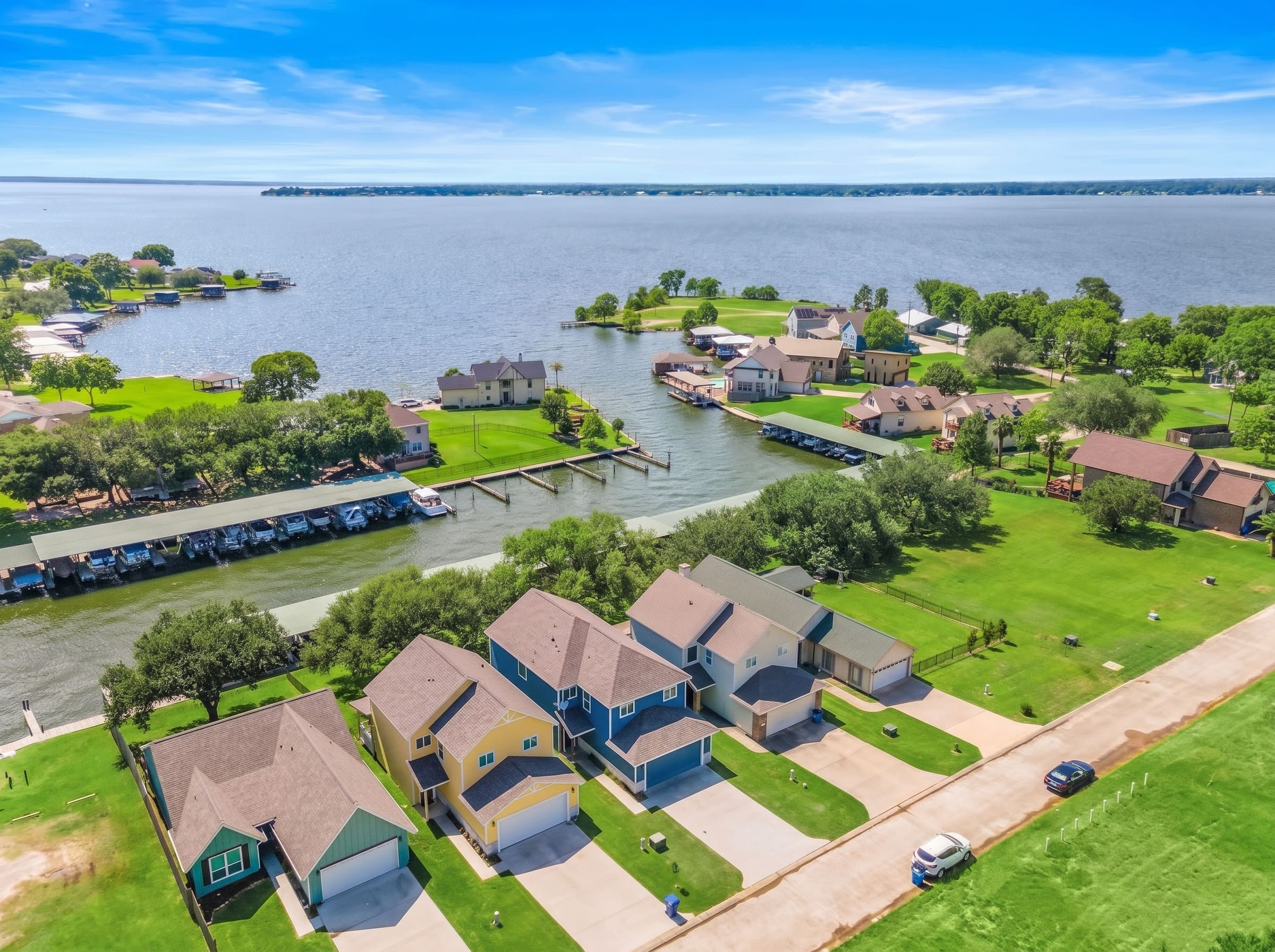 An aerial view of BeachBox lakefront vacation rentals on Lake Livingston, TX