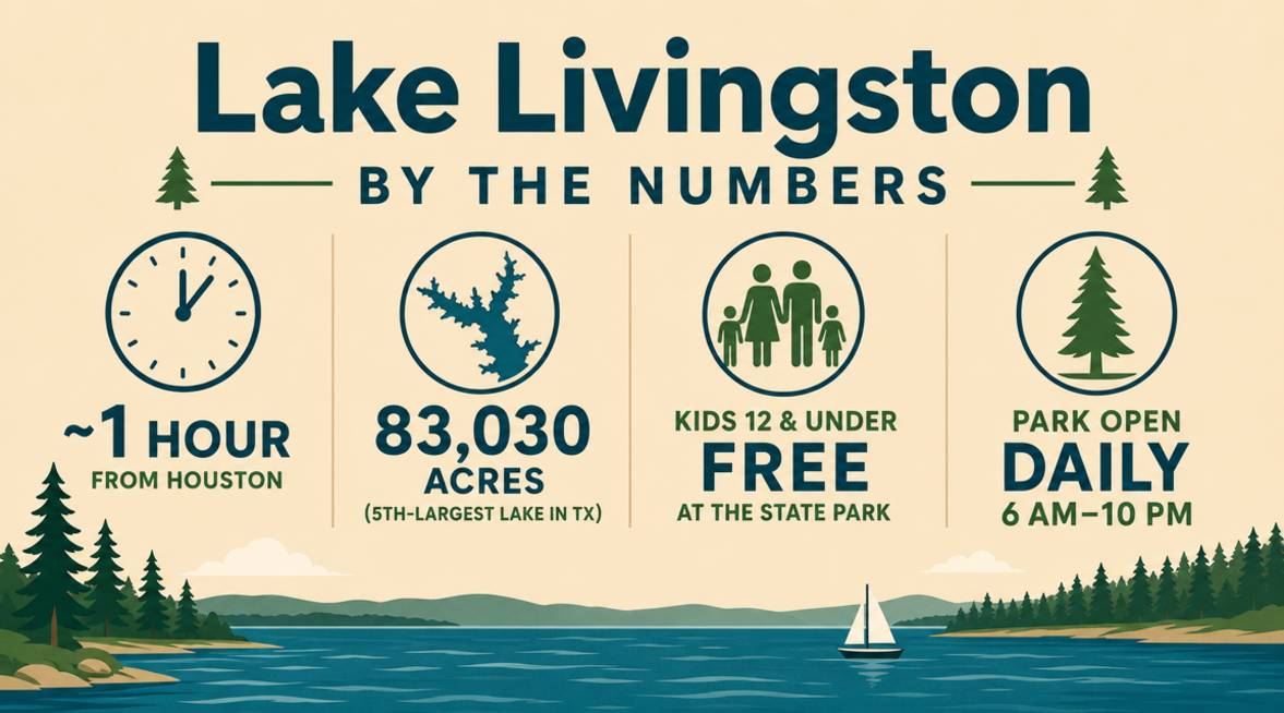 Lake Livingston by the numbers infographic showing drive time, lake size, kids' entry, and park hours
