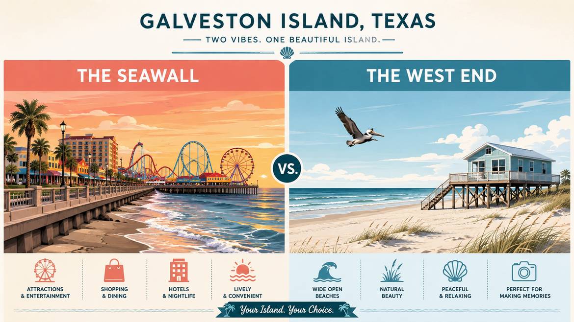 Illustrated comparison of Galveston's Seawall district and West End beach communities