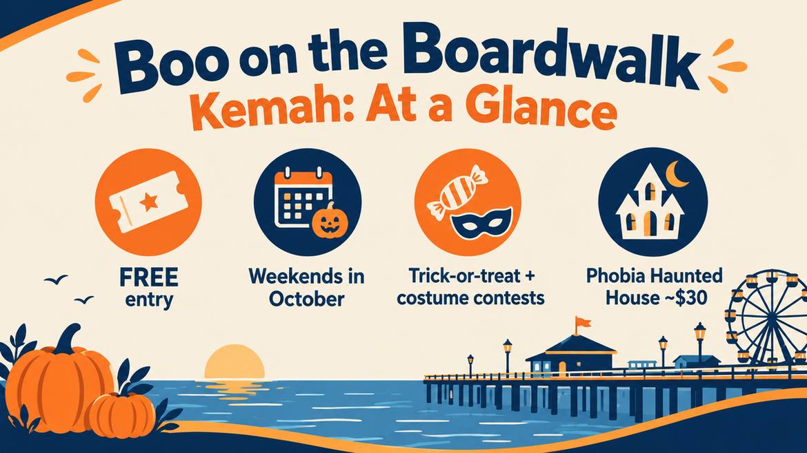 Boo on the Boardwalk Kemah at-a-glance: free entry, weekends in October, trick-or-treat, Phobia Haunted House